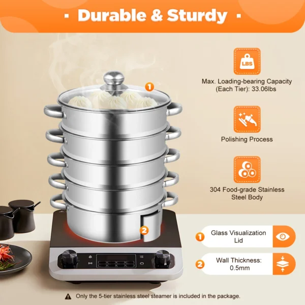 5-Tier Stainless Steel Food Steamer Meat Vegetable Steamer Pot Kitchen Cookware with Lid